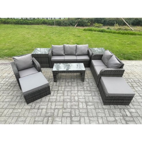 Fimous 8 Seater High Back Rattan Garden Furniture Set with Reclining Chair Rectangular Coffee Table 2 Side Tables 2 Big Footstool Indoor Outdoor Patio Lounge Sofa Set Dark Grey Mixed