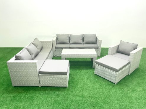 Fimous Wicker PE Rattan Sofa Garden Furniture Set with Oblong Coffee Table Armchair 2 Big Footstools Side Table Light Grey Mixed