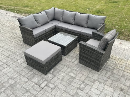 Fimous 8 Seater Outdoor Garden Furniture Set Wicker PE Rattan Corner Sofa Set with Square Coffee Table Big Footstool Armchair Dark Grey Mixed