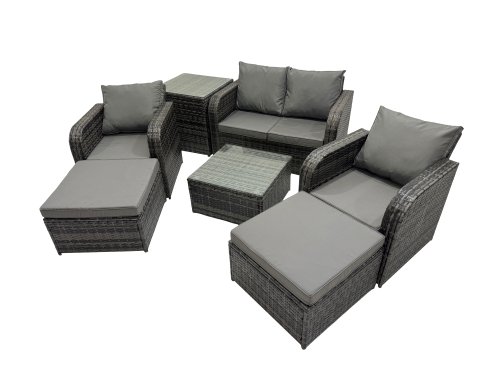 Fimous Rattan Garden Outdoor Furniture Set Love Sofa Reclining Chair Square Coffee Table Set with Side Table 2 Big Stool Dark Grey Mixed