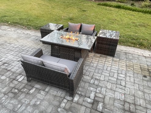 Fimous 4 Seater Rattan Garden Furniture Set Outdoor Lounge Sofa Chair Gas Fire Pit Dining Table Set With Double Seat Sofa 2 Side Tables