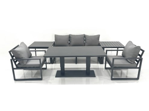 Fimous Outdoor Aluminium Garden Furniture Set with Adjustable Rising Lifting Dining Table 3 Seater Sofa 2 Chair 2 Side Tables Dark Grey