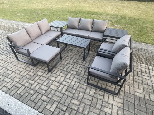 Fimous Aluminium Outdoor Garden Furniture Set 9 Seater Garden Sofa with Oblong Coffee Table Big Footstool 2 Side Tables Dark Grey
