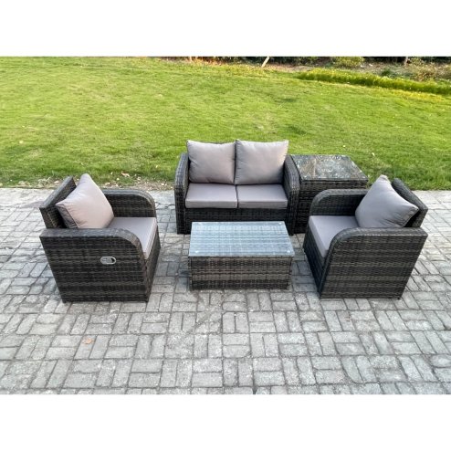 Fimous 5 PC Outdoor PE Rattan Garden Furniture Set Wicker Love Sofa Coffee Table 2 Armchair Side Table Dark Grey Mixed