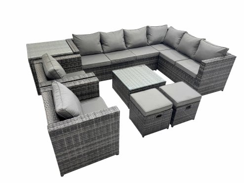 Fimous Outdoor PE Rattan Garden Furniture Sofa Set with Square Coffee Table 2 Small Stools 2 Chair Side Table Dark Grey