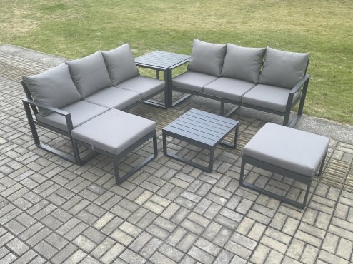 Fimous Aluminium 6 Pieces Garden Furniture Sofa Set with Cushions 8 Seater Outdoor Patio Set with Square Coffee Table Side Table 2 Big Footstools Dark Grey