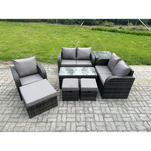Fimous 8 Seater Rattan Outdoor Garden Furniture Sofa Set Patio Table & Chairs Set with Side Table 3 Footstools Dark Grey Mixed