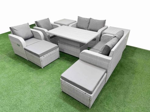 Fimous 8 Seater Outdoor Reclining Chair Love Sofa Set Rattan Garden Furniture Set with Adjustable Lifting Dining or Coffee Table 2 Big FootStools 2 Side Table Light Grey