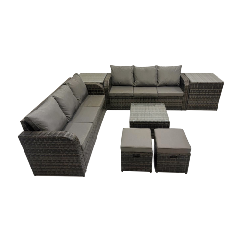 Fimous Rattan Garden Outdoor Furniture Set 3 Seater Sofa Square Coffee Table Set with 2 Side Tables 2 Small Stools Dark Grey Mixed