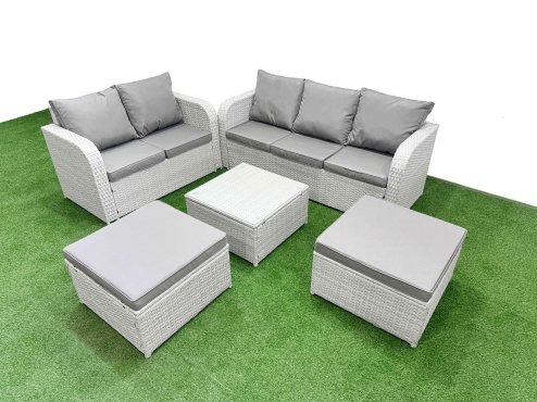 Fimous 7 Seater PE Rattan Wicker Garden Furniture Patio Conservatory Sofa Set with Square Coffee Table 3 Seater Sofa Love Sofa 2 Big Footstool