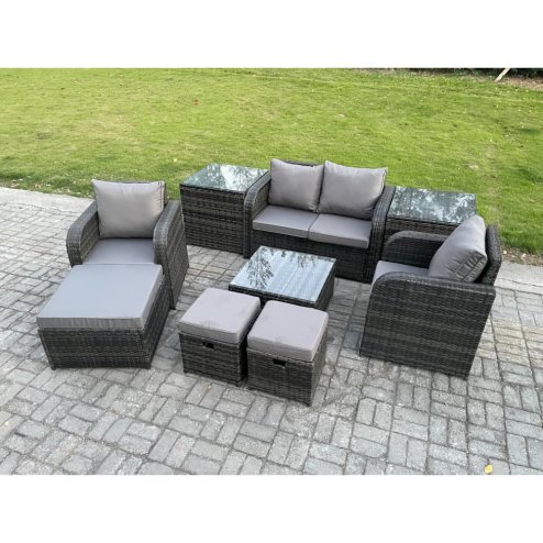 Fimous Rattan Garden Furniture Set Patio Conservatory Indoor Outdoor 9 Piece Set with Love Sofa Square Coffee Table 3 Footstools 2 Side Tables