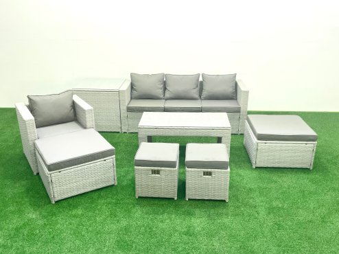 Fimous Rattan Garden Furniture Set Outdoor Lounger Sofa with Coffee Table 4 Footstools Side Table Light Grey Mixed 8 Seater