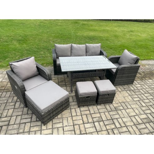 Fimous 8 Seater Rattan Outdoor Garden Furniture Set Rectangular Dining Table and Chair Sofa Set With 3 Footstools Dark Grey Mixed
