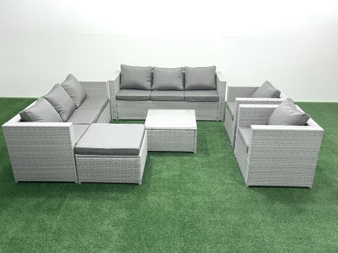 Fimous Outdoor Rattan Sofa Garden Furniture Set with 2 Armchairs Square Coffee Table Big Footstool Light Grey Mixed