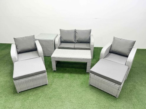 Fimous Light Grey PE Wicker Rattan Garden Furniture Set Sofa Set Reclining Adjustable Chair Oblong Coffee Table 6 Seater 2 Big Stools Side Table
