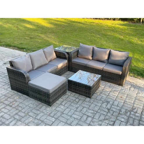 Fimous Indoor Outdoor Rattan Garden Furniture 7 Seater Set Table Sofa Chair Patio Conservatory with Grey Cushions Big Footstool Side Table