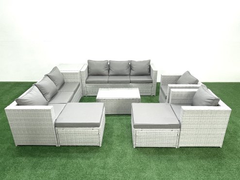 Fimous Outdoor Rattan Sofa Garden Furniture Set with 2 Armchairs Oblong Coffee Table 2 Big Footstools Side Table Light Grey Mixed
