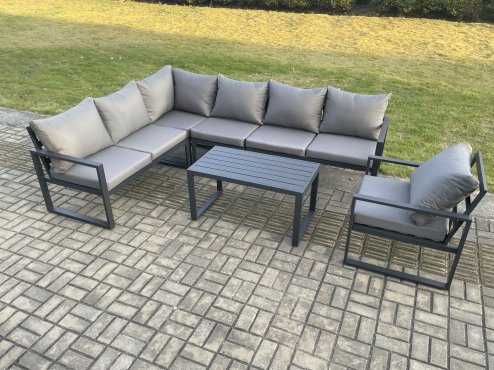 Fimous Aluminium Garden Furniture Set Outdoor Indoor Lounge Corner Sofa Chair Oblong Coffee Table Sets Dark Grey 7 Seater