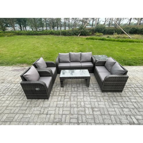 Fimous 7 Seater Outdoor Rattan Garden Furniture Set Patio Lounge Sofa Set with Rectangular Coffee Table Side Table Dark Grey Mixed
