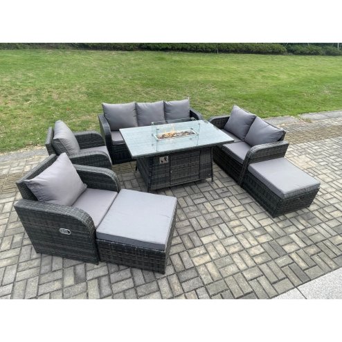 Fimous Garden Patio Furniture Wicker Rattan Gas Fire Pit Table and Sofa Chair set with 2 Big Footstool
