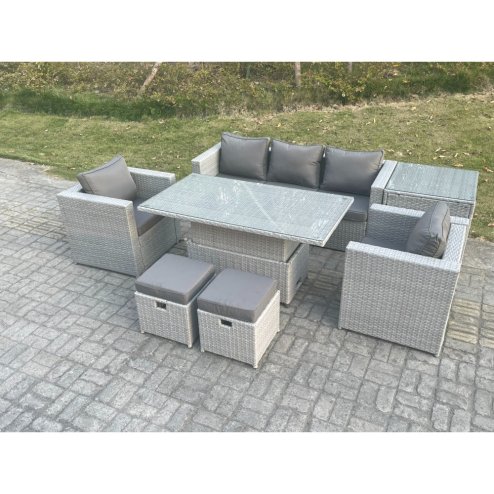 Fimous Rattan Garden Funiture Set Adjustable Rising Lifting Table Sofa Dining Set With 2 Arm Chair Side Table Stools