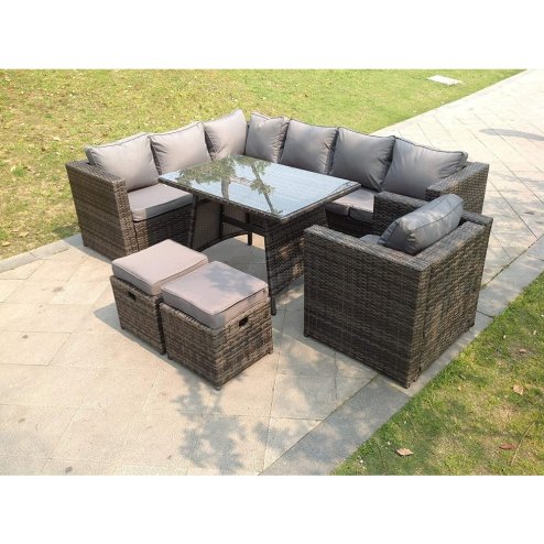 Fimous 9 Seater Grey Rattan Corner Sofa Set Dining Table Chair Foot Rest Garden Furniture Outdoor