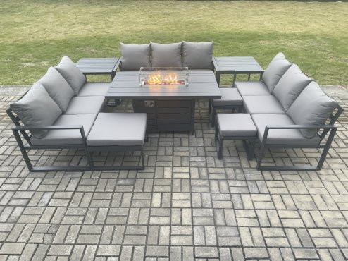 Fimous Aluminium Garden Furniture Outdoor Set Patio Lounge Sofa Gas Fire Pit Dining Table Sets with 3 Footstools 2 Side Tables Dark Grey