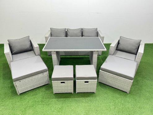 Fimous Patio Garden Furniture Sets with Black Glass Top Dining Table Armchair 3 Seater Sofa 4 Stools Light Grey