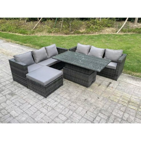 Fimous 7 Seater Wicker PE Rattan Garden Furniture Sofa Set Outdoor Adjustable Rising Lifting Dining Table Set with Big Footstool Dark Grey Mixed