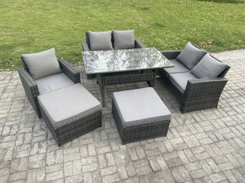 Fimous High Back Outdoor Garden Furniture Rattan Sofa Dining Table Set with Armchair 2 Big Footstool Dark Grey Mixed