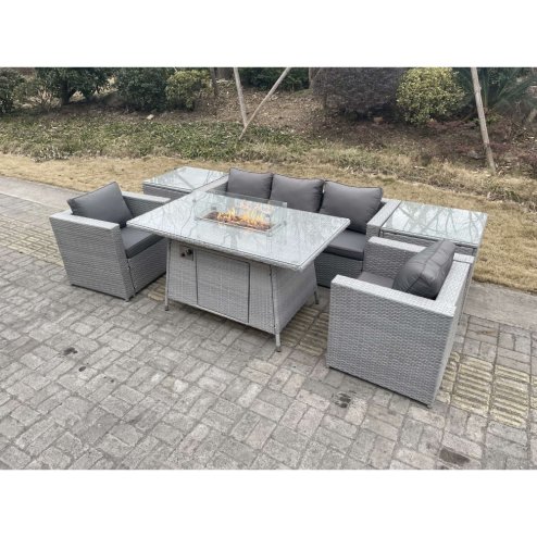 Fimous Light Grey Corner Rattan Garden Furniture Set Gas Fire Pit Heater Burner Lounge Sofa With 2 Side Coffee Table And Armchairs