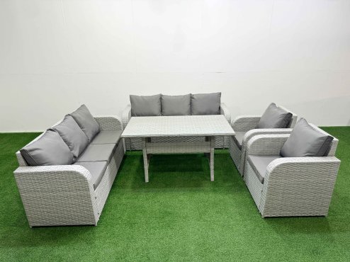 Fimous PE Rattan High Back Lounge Sofa Set Patio Rectangular Dining Table & Chairs Set with 3 Seater Sofa Reclining Chair Light Grey