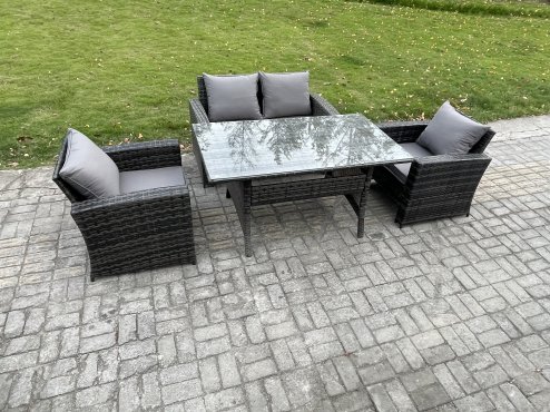 Fimous PE Wicker Outdoor Garden Furniture Set Patio Furniture Rattan Rectangular Dining Table Lounge Sofa Dark Grey Mixed
