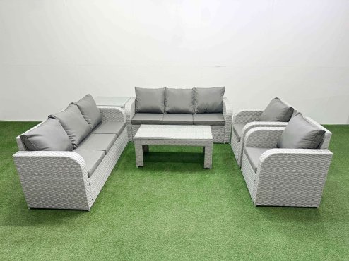 Fimous PE Rattan High Back Lounge Sofa Set Patio Oblong Coffee Table & Chairs Set with 3 Seater Sofa Reclining Chair Side Table Light Grey