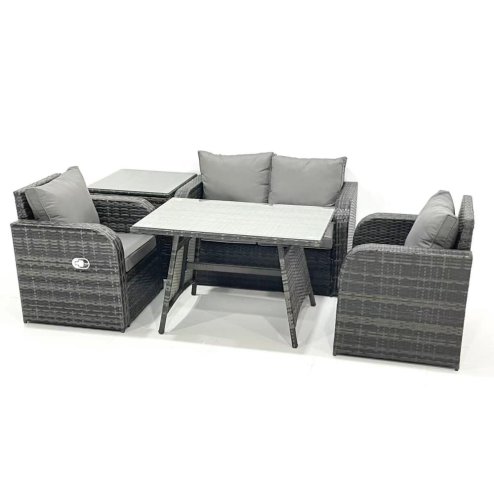 Fimous Outdoor Garden Furniture Set Rattan Sofa Dining Table Set with Reclining Chair Side Table Dark Grey Mixed