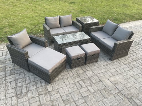 Fimous Outdoor Rattan Patio Furniture Set Garden Lounge Sofa Set with Side Table 3 Footstools Coffee Table Dark Grey Mixed