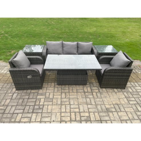 Fimous Outdoor Rattan Furniture Garden Dining Sets Height Adjustable Rising lifting Table Sofa Set With Chairs Side Tables