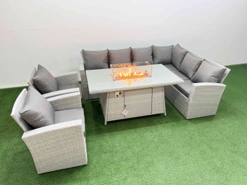 Fimous Rattan Corner Sofa Chair Set Outdoor Furniture Garden Dining Set Gas Fire Pit Table with Temper Glass Light Grey Mixed