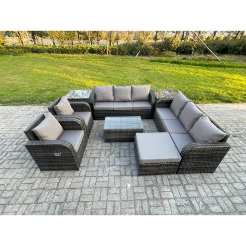 Fimous Rattan Outdoor Garden Furniture Sofa Set Patio Table & Chairs Set with 3 Seater Sofa Reclining Chair 2 Side Table Big Footstool Dark Grey Mixed