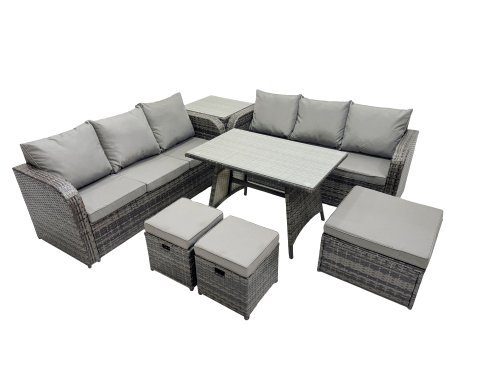 Fimous Garden Rattan Outdoor Furniture Set 9 Seater with 3 Seater Sofa 3 Stools Side Table Dark Grey
