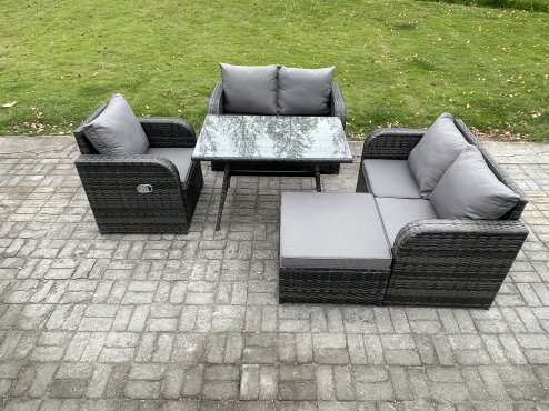 Fimous Outdoor Garden Dining Sets Rattan Furniture With Dining Table Armchairs Love Sofa Big Footstool Dark Grey Mixed