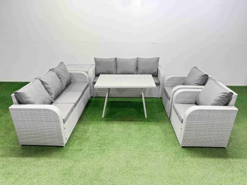Fimous Rattan High Back Lounge Sofa Set Patio Dining Table & Chairs Set with 3 Seater Sofa 2 Reclining Chairs Side Table Light Grey
