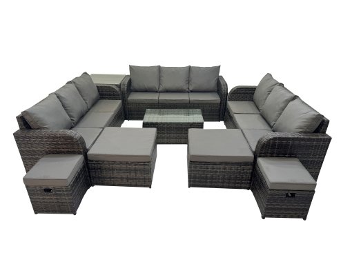 Fimous Outdoor 3 Seater Sofa Coffee Table Set Garden Rattan Furniture Set 13 Seater with Side Table 4 Stools Dark Grey