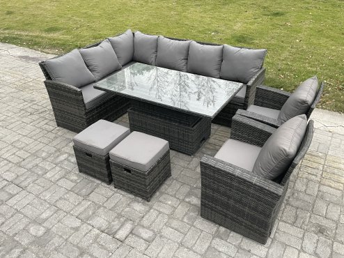 Fimous Outdoor Garden Furniture Set Wicker PE Rattan Height Adjustable Rising Lifting Table Sofa Dining Set with 2 Small Footstool 2 Armchairs Dark Grey Mixed