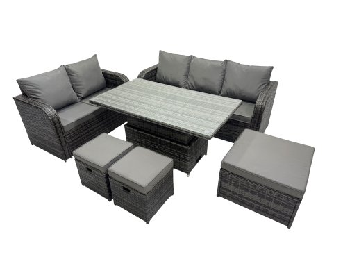 Fimous Rattan Garden Furniture Dining Set 8-seater Patio Height Adjustable Rising Lifting Table Sofa Set with 3 Footstools Dark Grey Mixed