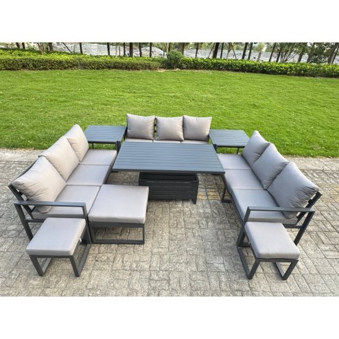 Fimous Aluminum Outdoor Patio Furniture Set Modern Patio Conversation Sets with Adjustable Rising Lifting Dining Table 3 Footstools Side Table Dark Grey