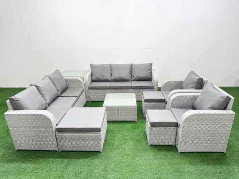 Fimous PE Rattan High Back Lounge Sofa Set Patio Square Coffee Table & Chairs Set with 3 Seater Sofa Reclining Chair 3 Stools Side Table Light Grey