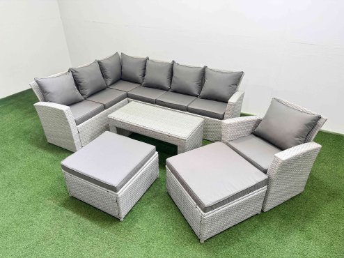 Fimous Rattan Garden Furniture Set Outdoor 9 Seater Corner Sofa Sets with Oblong Coffee Table Chair 2 Big Footstools Light Grey Mixed