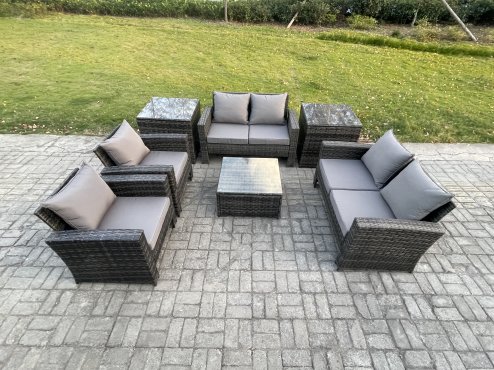 Fimous Rattan Garden Furniture Set Patio Outdoor Lounge Sofa Set with Square Coffee Table Double Seat Sofa 2 Side Tables Dark Grey Mixed