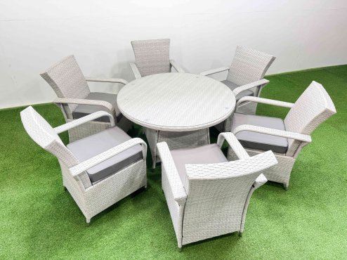 Fimous Wicker PE Rattan Garden Furniture Set Patio Outdoor 6 Chairs Plus Big Round Table Set Light Grey Mixed